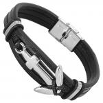 Black Leather Bracelet with Stainless Steel Anchor Accent- STEEL